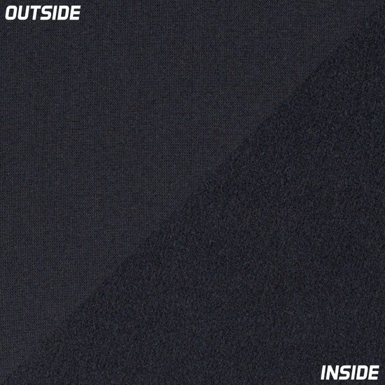 Textuurverschil op een donkerblauwe stof met de tekst 'OUTSIDE' bovenaan en 'INSIDE' onderaan.