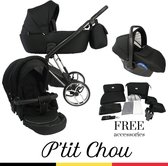 P'tit Chou Novara Black Chroom- Complete 3 in 1 Kinderwagen set - Buggy + Autostoel + Incl. Accessoires