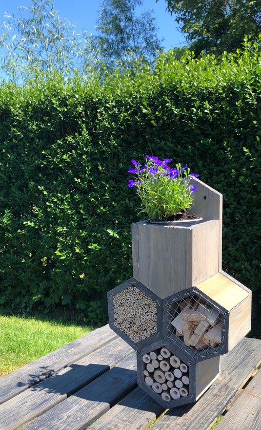 Houten bijenhotel met drie honingraatsecties, geplaatst op een houten tafel.