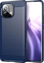 Xiaomi Mi 11 hoesje - MobyDefend TPU Gelcase - Geborsteld Metaal + Carbonlook - Navy blauw - GSM Hoesje - Telefoonhoesje Geschikt Voor Xiaomi Mi 11