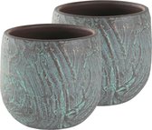 Set van 2x stuks bloempotten/plantenpotten van keramiek in de kleur antiek brons/groen met diameter 22 cm en hoogte 20 cm
