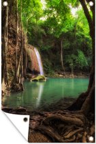 Tuinposters buiten Donkere kleuren rond de waterval in Thaise nationaal park Erawan - 60x90 cm - Tuindoek - Buitenposter