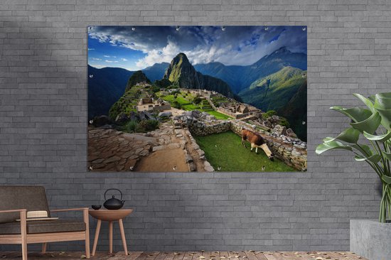 Affiche de jardin Lama au Machu Picchu toile en vrac 180x120 cm - Toile de jardin / Toile d'extérieur / Peintures d'extérieur (décoration de jardin) XXL / Groot format!