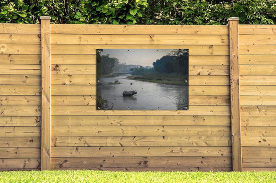 Rhino traverse la rivière dans le parc national de Chitwan au Népal Affiche de jardin 120x80 cm - Toile de jardin / Toile d'extérieur / Peintures pour l'extérieur (décoration de jardin)