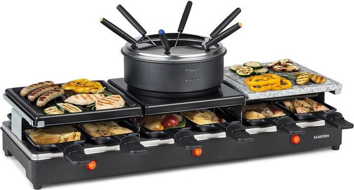 Klarstein Fonduelette XL - Gourmetstel - raclette-grill en fondue 1650W - metalen grillplaat, natuurstenen plaat en crêpesplaat - voor 12 personen