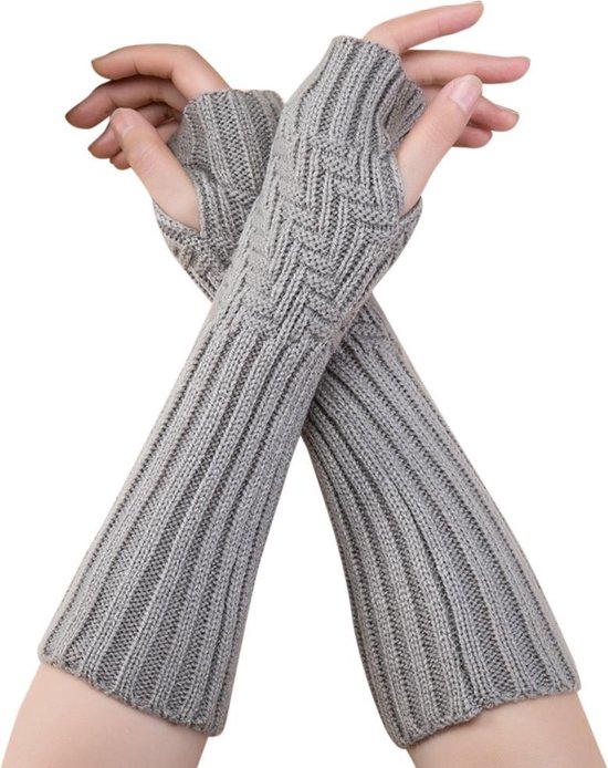 Winkrs© - Vingerloze Handschoenen Dames Grijs - Lange Gebreide Polswarmers/Armwarmers