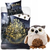 Harry Potter Zweinstein Golden Logo- Dekbedovertrek - Eenpersoons- 140x200 cm- katoen-  kussen 65x65cm, incl. Pluche knuffel Uil 21 cm