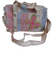 Reistasje, schoudertas, toilettas, met vrolijke kleuren 30 cm lang 20 cm hoog 13 cm breed met twee hengels en afneembare verstelbare draagband.