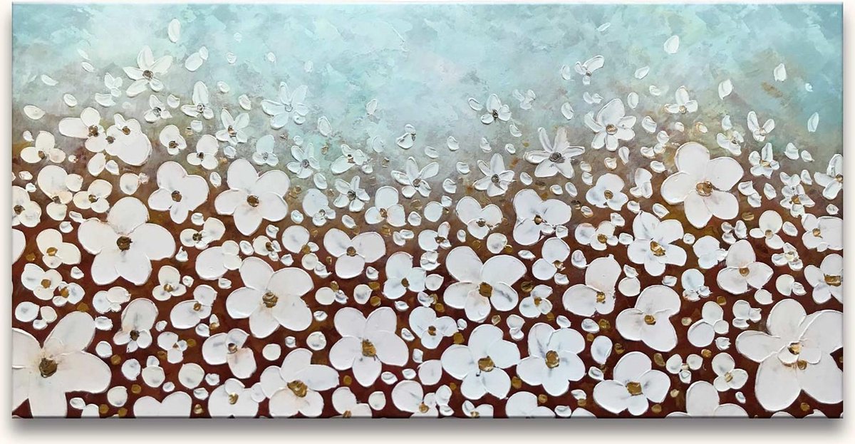 Grootmeesters ® Handgeschilderd schilderij Olieverf op Canvas - Lentekriebels wit, lichtblauw