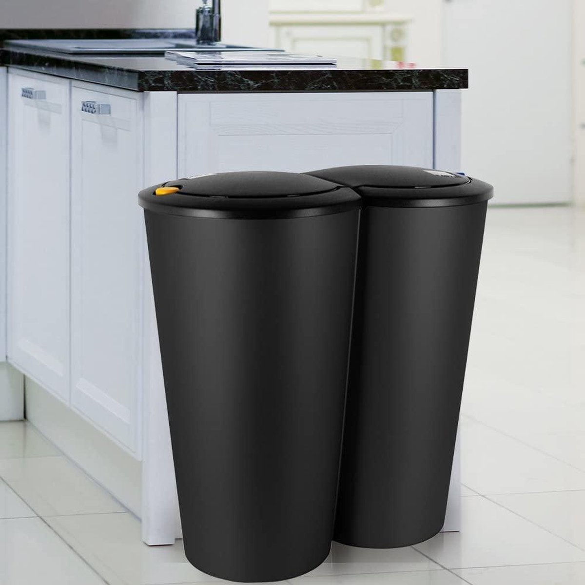 RMAN 160L Poubelle Tri Sélectif Avec 2 Bacs Et Couvercle Grande Poubelle à Roulettes Pour Collecter Les Bouteilles Vides, Noir - Maison