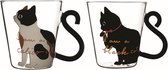 Aulica - Theeglas - Theekopjes - Kat met staart - Cadeau - Kattenprint - 2 Stuks- 300ml