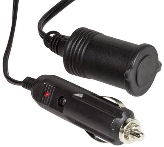 Zwarte sigarettenaansteker met rode LED-indicator en 3 meter kabel, met een vrouwelijke connector.