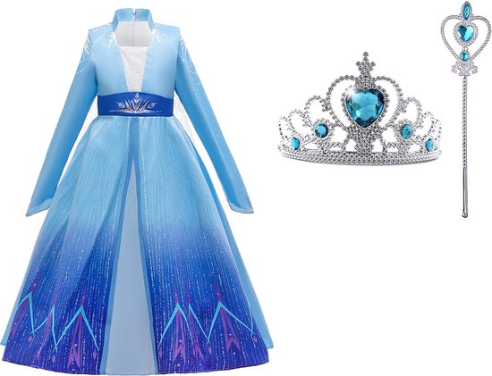 Déguisements - La Reine des Neiges - Robe bleue Elsa 104/110 + Diadème / Baguette - Robe Robe - Déguisements enfant - Prinsessenjurk