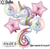 * Snoes * Unicorn * Eenhoorn Licht Roze * Set van 6 Ballonnen XL * Unicorn Nummer 6 * Zesde verjaardag * Hoera 6 Jaar * Birthday