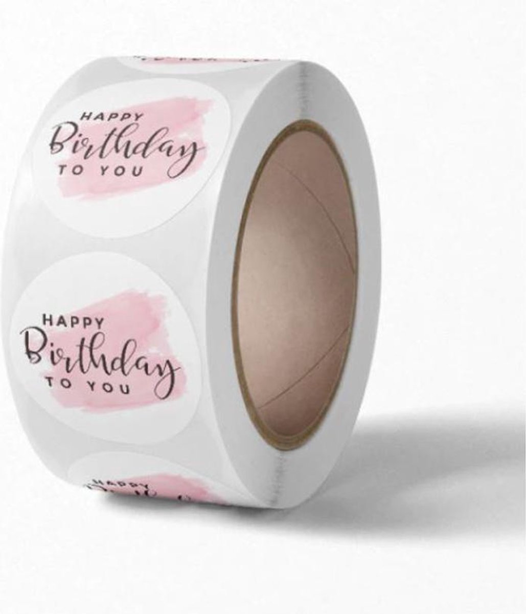 DW4Trading Stickerrol Happy Birthday - Sluitstickers - Ø 2,6 cm - 500 Stuks - Roze-wit