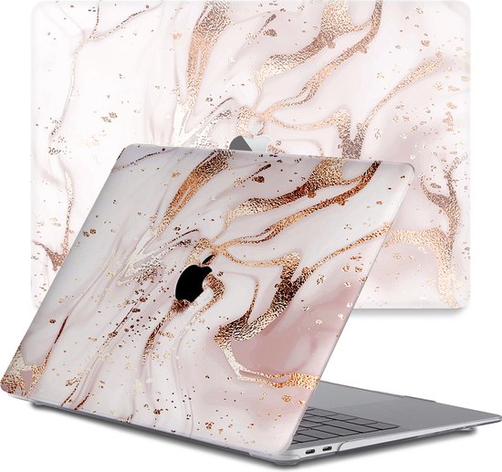 Étui MacBook Air 13 pouces M1 avec motif marbre, blanc avec des accents or rose.