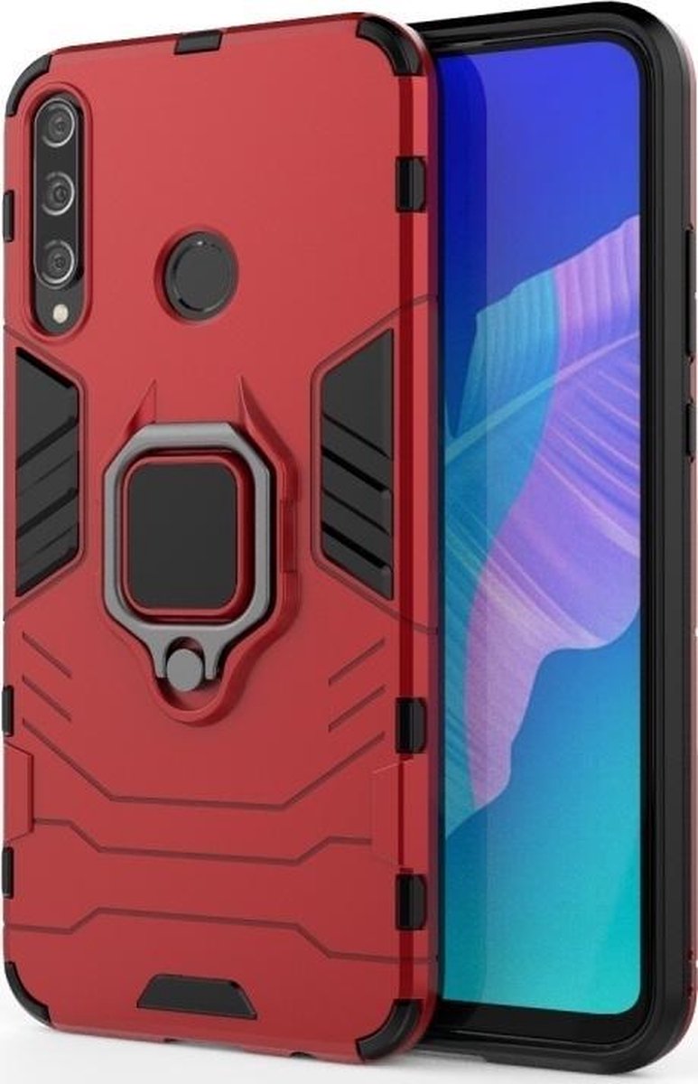 Mobigear Hoesje geschikt voor Huawei P40 Lite E Telefoonhoesje Hardcase | Mobigear Armor Ring Backcover Shockproof met Ringhouder | Schokbestendig P40 Lite E Telefoonhoesje | Anti Shock Proof - Rood