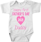 Vaderdag cadeau rompertje-Happy first father's day 2021-wit-roze-korte mouw-Maat 86