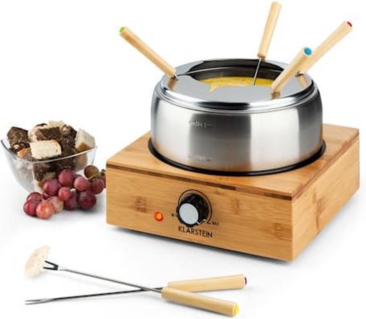 Klarstein Bamboe fondue roestvrij stalen pan voor maximaal 6 personen thermostaat 1 3 liter max. 800W