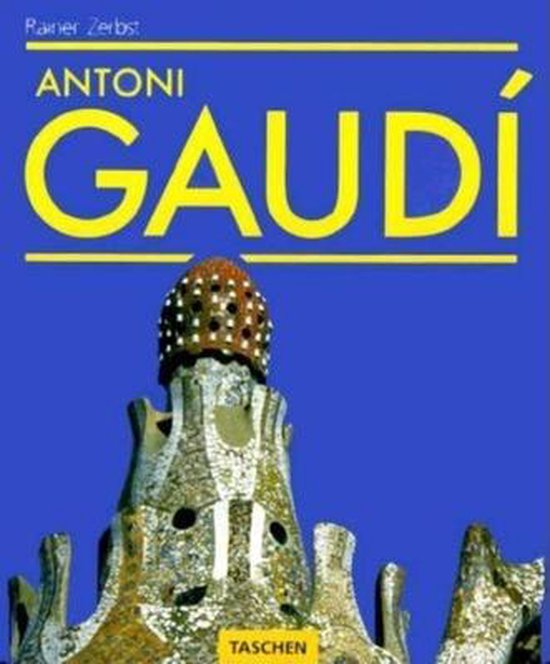 Boek 'Antoni Gaudí' met een blauwe omslag en een afbeelding van een kleurrijk, organisch gevormd gebouw met mozaïektegels.