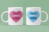 2 cadeaumokken - voor de LIEFSTE PAPA en MAMA - met hartje roze en blauw- moederdag of vaderdag cadeau - verjaardag