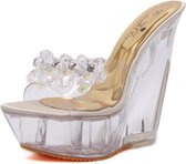 Dames Diamant 14cm Hoge hakken Slippers Kristal Waterdicht Antislip Bodem Dikke Sandalen, Schoenmaat: 35 (Abrikoos)