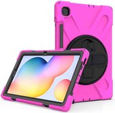 Voor Samsung Galaxy Tab S6 Lite P610 schokbestendig, kleurrijk siliconen + pc-beschermhoes met houder en schouderriem en polsriempje & pensleuf (roze rood)