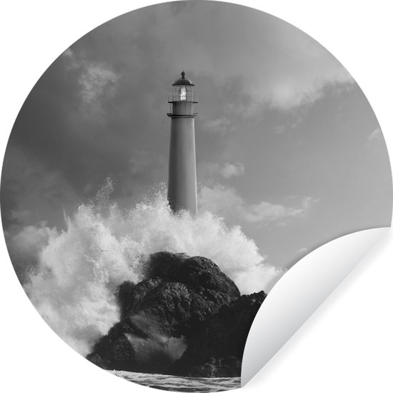 Phare aux vagues sauvages - Sticker papier peint cercle mural carré noir et blanc 100x100 cm / cercle papier peint / cercle mural / cercle vivant - autocollant et coupe ronde