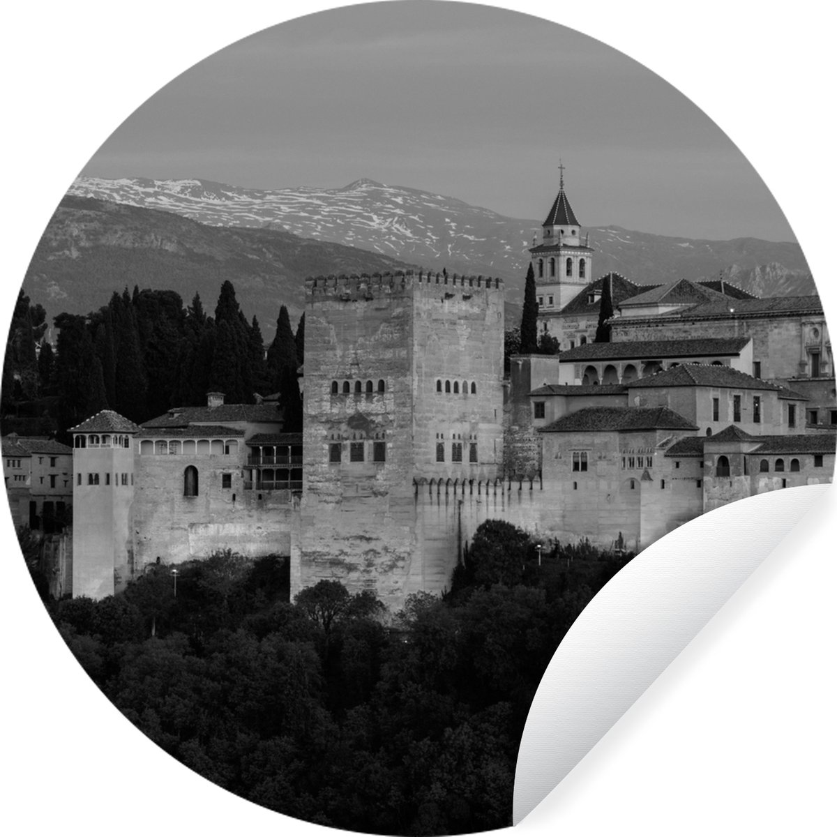 WallCircle - Muurstickers - Behangcirkel - Zwart-wit beeld verlichte muren van het Alhambra in Spanje - 100x100 cm - Muurcirkel - Zelfklevend - Ronde Behangsticker XXL - Merkloos