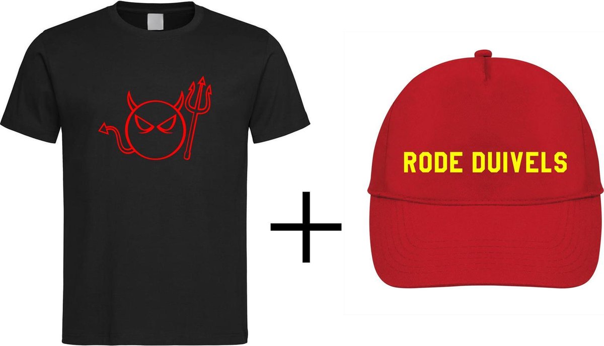 Belgie EK Voetbal T-Shirt Zwart “ Rode Duivels “ Print Rood Maat XL + Rode pet met Geel “ Rode Duivels “ Print