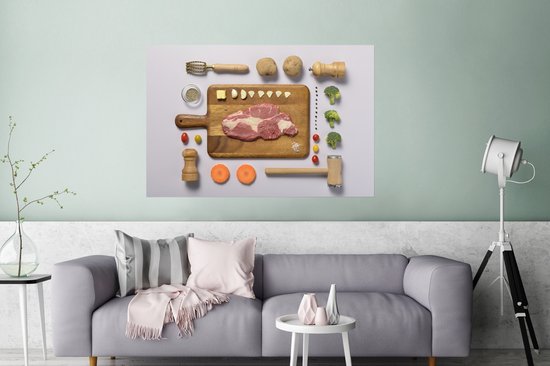 Gegrild rundvlees op een snijplank poster 120x80 cm - Foto print op Poster (wanddecoratie woonkamer / slaapkamer)