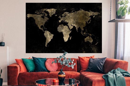 Carte du monde couleur or sur fond noir avec un peu d'or 180x120 cm | bol
