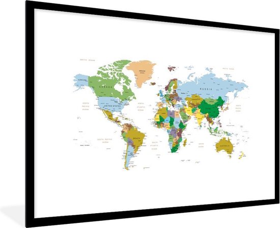 Affiche avec cadre Wereldkaart - Terre - Couleurs - 120x80 cm