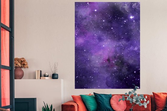 Poster 120x180 cm - Waterverf - Sterren - Paars - Posters - Kamer decoratie - Wanddecoratie woonkamer - Muurdecoratie slaapkamer XXL