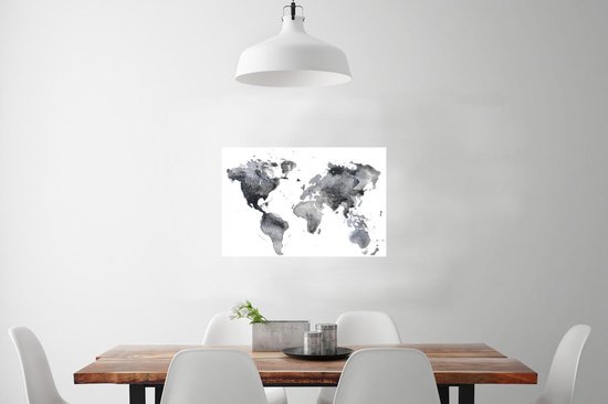 Carte du monde abstraite réalisée à l'aquarelle noire et grise 90x60 cm