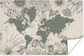 Poster Wereldkaart - Grijs - Bloemen - 30x20 cm