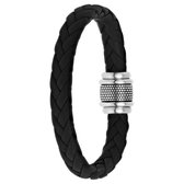 Lucardi - Heren Armband leer zwart 10mm - Leer - Armband - Cadeau - 19 cm - Zilverkleurig