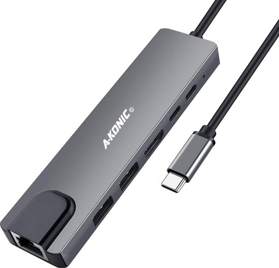 A-KONIC© 6 in 1 USB C Naar HDMI (4K) HUB met Ethernet RJ45, 2x USB 3.0 (thunderbolt), 2X Usb-C – Docking station - geschikt voor Macbook Pro, HP, Dell en meer – Spacegrey