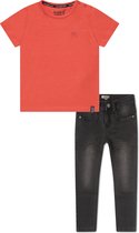 Koko Noko BIO Basics Set(2delig) Jeans NOX BLACK en Shirt Neon coral - Maat 134/140