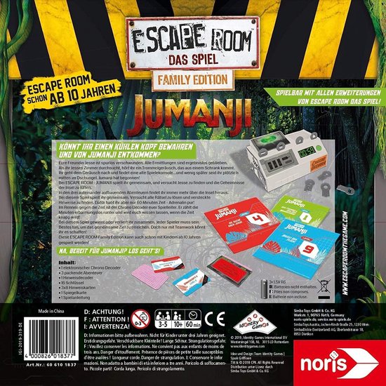 Thumbnail van een extra afbeelding van het spel Noris - Jumanji - Escape Room puzzel -  Familiespel met chrono decoder excl. Batterijen (Duitse taal)