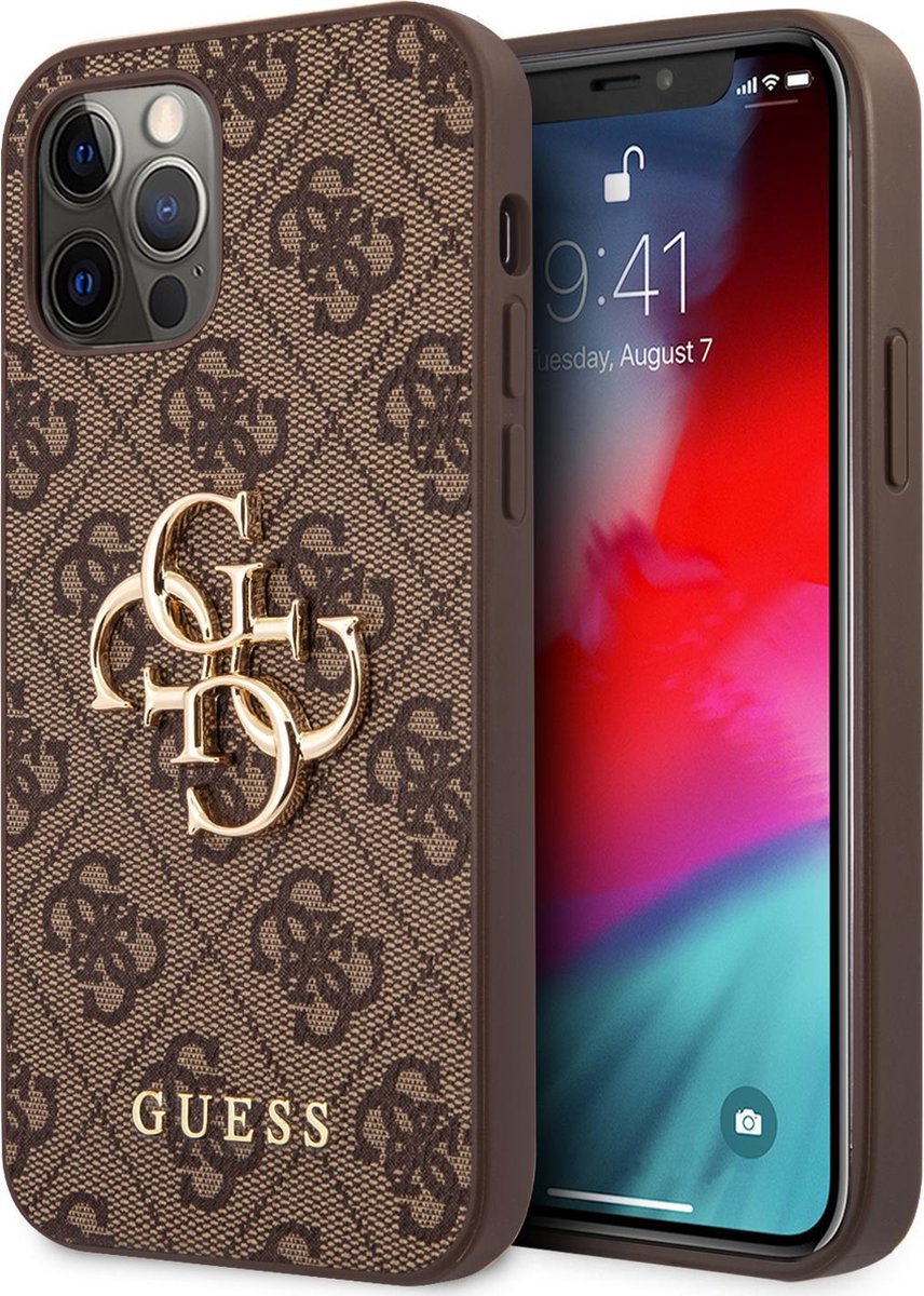Guess PU 4G metal Logo Case Geschikt Voor iPhone 12 Pro en 12 Bruin
