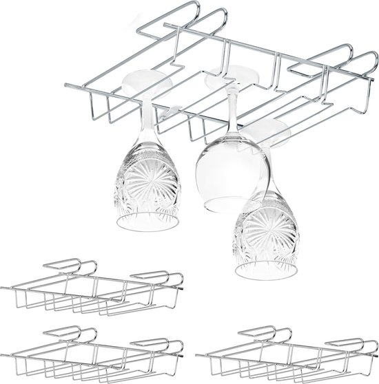Relaxdays 4x wijnglashouder metaal - wijnglas rek - glazen houder - ophangrek wijnglazen