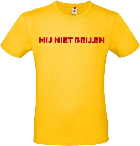 T-shirt met opdruk “Mij niet bellen” | Chateau Meiland | Martien Meiland | Goud geel T-shirt met rode opdruk. | Herojodeals