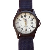 Horloge Xinew- blauw -canvas bandje- 4 cm- met datum-Charme Bijoux