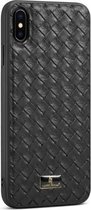 Fierre Shann Leather Texture Phone Back Cover Case voor iPhone XR (geweven zwart)