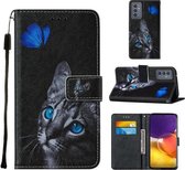 Voor Samsung Galaxy A82 5G Cross Texture Painting Pattern Horizontale Flip Leather Case met Houder & Kaartsleuven & Portemonnee & Lanyard (Blue Butterfly Cat Eyes)