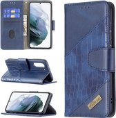Voor Samsung Galaxy S21 FE / S21 Lite Bijpassende kleur Krokodiltextuur Horizontale flip PU lederen tas met portemonnee & houder & kaartsleuven (blauw)