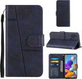 Voor Samsung Galaxy A21S Stiksels Kalfs Textuur Gesp Horizontale Flip Leren Case met Houder & Kaartsleuven & Portemonnee & Lanyard (Blauw)