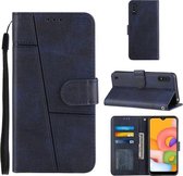 Voor Samsung Galaxy A01 Stiksels Kalf Textuur Gesp Horizontale Flip Leren Case met Houder & Kaartsleuven & Portemonnee & Lanyard (Blauw)