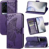 Voor vivo X60 Pro + Butterfly Love Flowers Reliëf Horizontale Flip Leren Case met Houder & Kaartsleuven & Portemonnee & Lanyard (Donkerpaars)